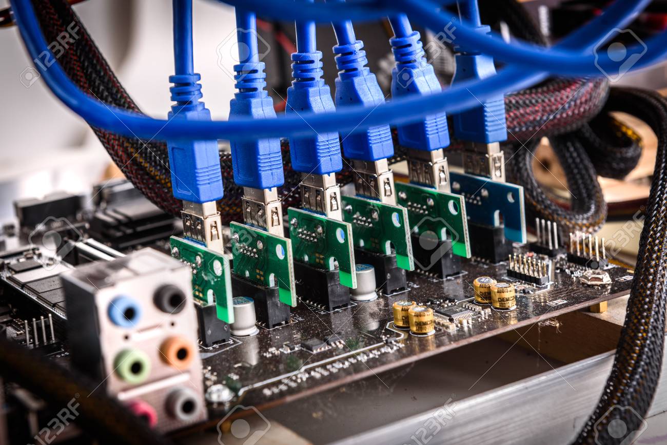 Cryptocurrency Mining Rig Pcie Riser Extenders Plugged To Motherboard - 